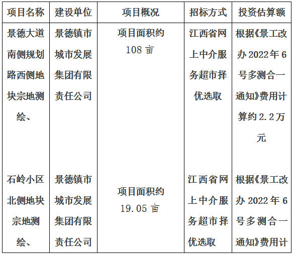景德大道南側(cè)規(guī)劃路西側(cè)地塊宗地測繪、石嶺小區(qū)北側(cè)地塊宗地測繪、玉字亭路東側(cè)HX02-A07地塊宗地測繪、金嶺大道西側(cè)迎賓大道北側(cè)地塊宗地測繪項目計劃公告